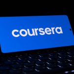 Coursera logo on a blue background corporate training dashboard, online learning interface, employee course platform