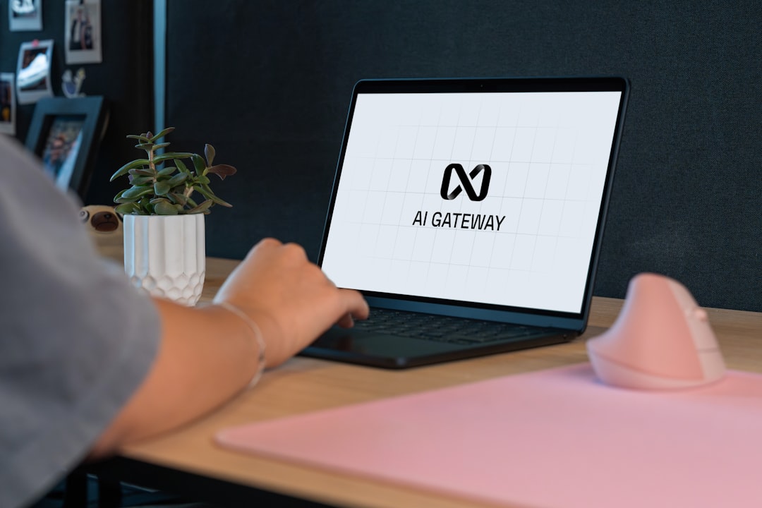 Person typing on laptop with "ai gateway" logo. ai logo generator interface, modern branding dashboard, logo design preview grid