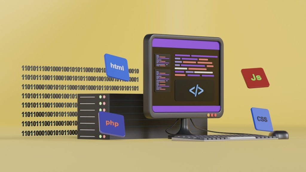 a computer screen with a keyboard and a box with a logo website builder dashboard, drag and drop editor, website design interface