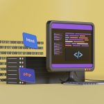 a computer screen with a keyboard and a box with a logo website builder dashboard, drag and drop editor, website design interface