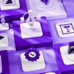 Abstract purple and white 3D icons arranged in a grid. video editing dashboard multiple formats social media icons