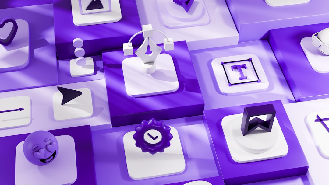 Abstract purple and white 3D icons arranged in a grid. video editing dashboard multiple formats social media icons