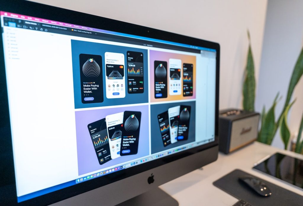 silver imac on white table home inventory app screen, cloud sync illustration, smartphone and laptop dashboard