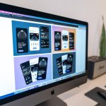 silver imac on white table home inventory app screen, cloud sync illustration, smartphone and laptop dashboard