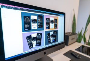 silver imac on white table home inventory app screen, cloud sync illustration, smartphone and laptop dashboard