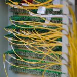 Yellow and green cables are neatly connected. server room, data center, high performance hosting