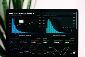graphs of performance analytics on a laptop screen marketing dashboard analytics screen, automation workflow builder, campaign performance charts