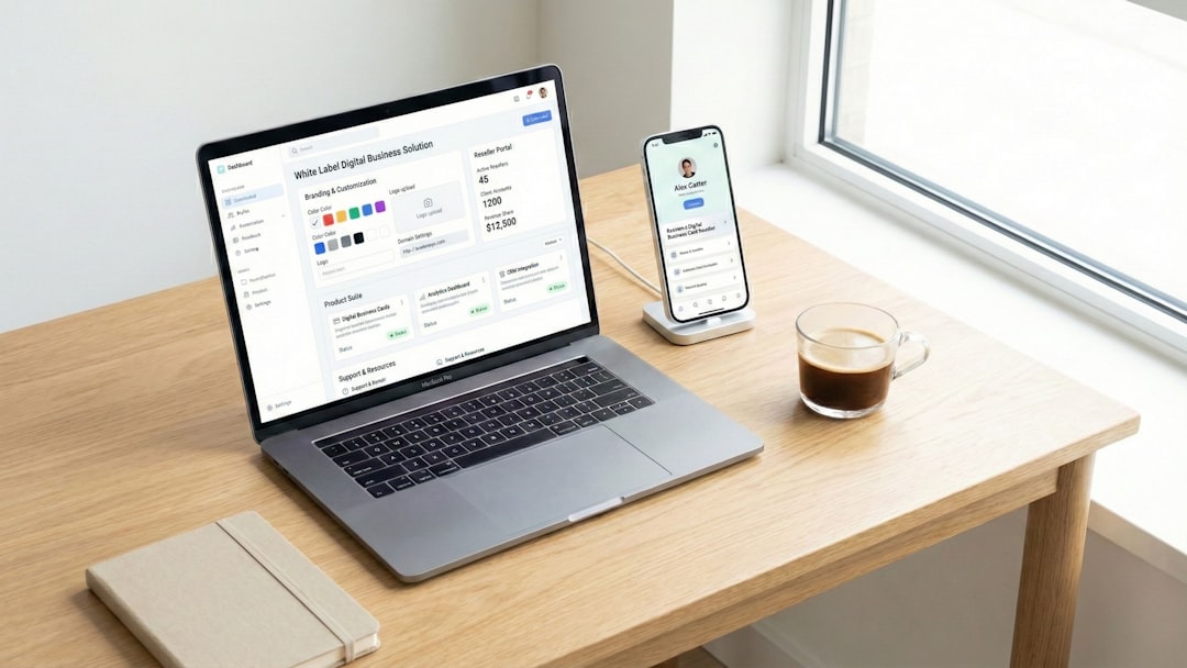 Laptop, phone, and coffee on a wooden desk. marketing dashboard software, sales funnel analytics, crm screen