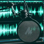 a record player with a record audio waveform, studio microphone, voice editing software