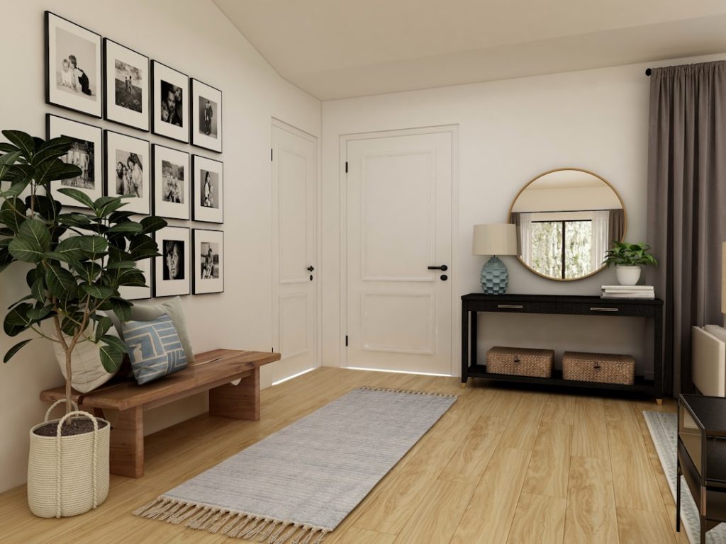 brown wooden coffee table near white wooden door online room planner interface, 3d bedroom design, drag and drop furniture catalog, bright interior mockup
