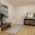brown wooden coffee table near white wooden door online room planner interface, 3d bedroom design, drag and drop furniture catalog, bright interior mockup