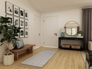 brown wooden coffee table near white wooden door online room planner interface, 3d bedroom design, drag and drop furniture catalog, bright interior mockup