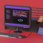 a computer on a desk modern code editor interface, helix editor, programming screen close up