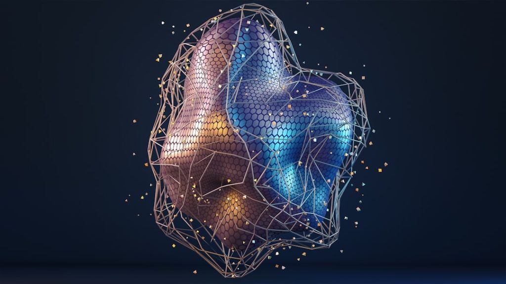 a heart shaped object with a blue background AI neural network visualization, data pathways, luminous nodes, abstract technology background