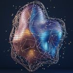 a heart shaped object with a blue background AI neural network visualization, data pathways, luminous nodes, abstract technology background