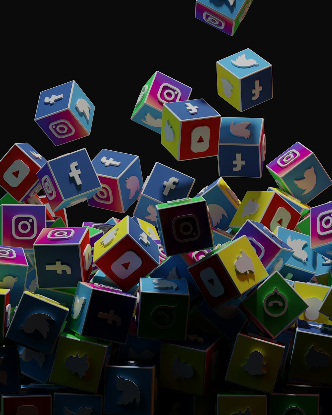a pile of colorful cubes with social icons flying out of them social media graphics grid, marketing campaign visuals, multi platform design layouts