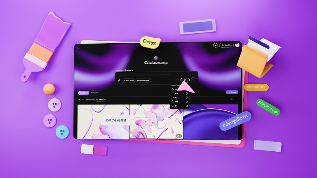 Digital design elements on a purple background creative review dashboard, marketing team collaboration, online proofing interface
