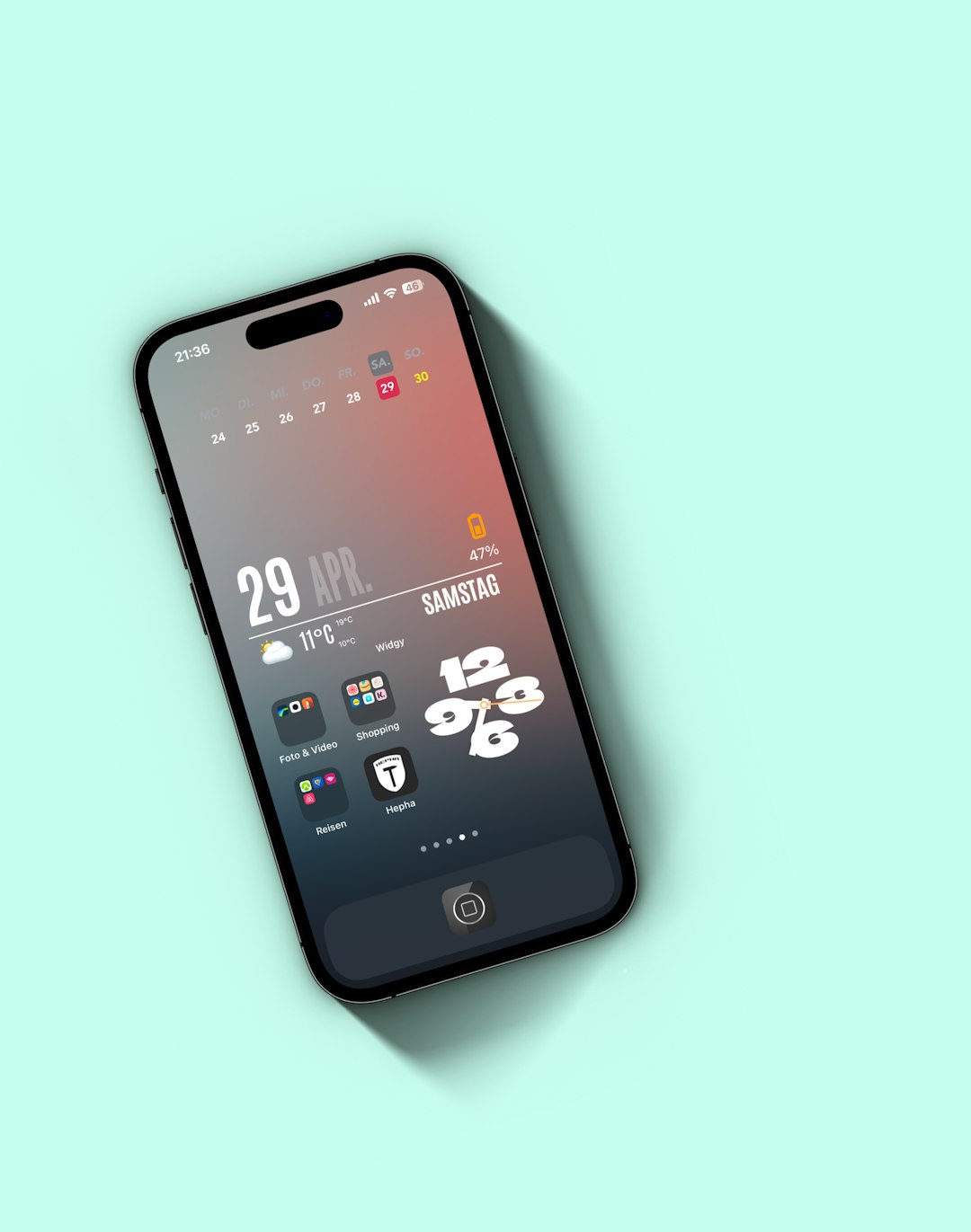 a cell phone with the time displayed on the screen iphone widgets, custom home screen, pastel design, app layout
