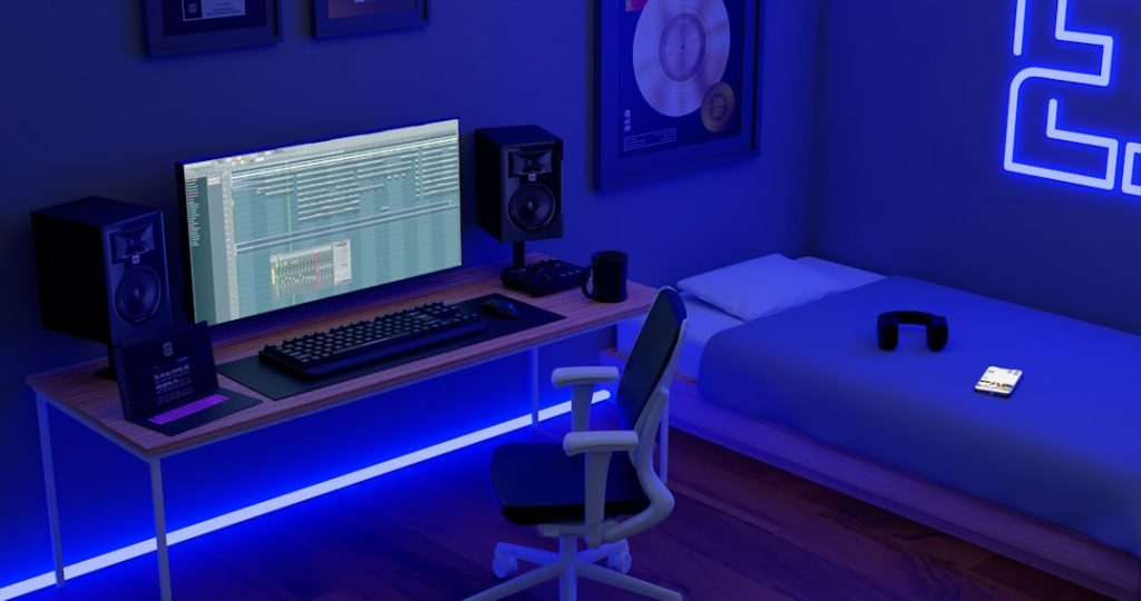 a computer on a desk game crash screen, unreal engine error message, pc gaming setup