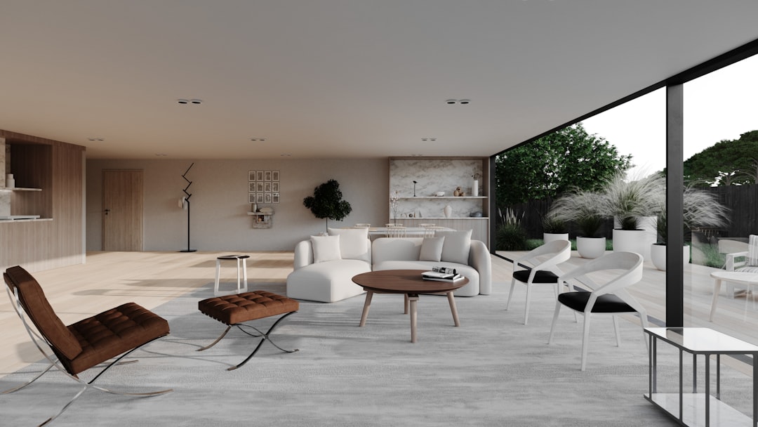 A modern living room with outdoor views. architectural rendering, realistic interior visualization, sketchup render example