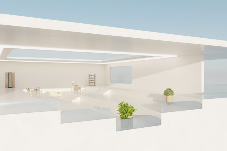 a white room with a potted plant in it architectural rendering, realistic interior visualization, sketchup render example