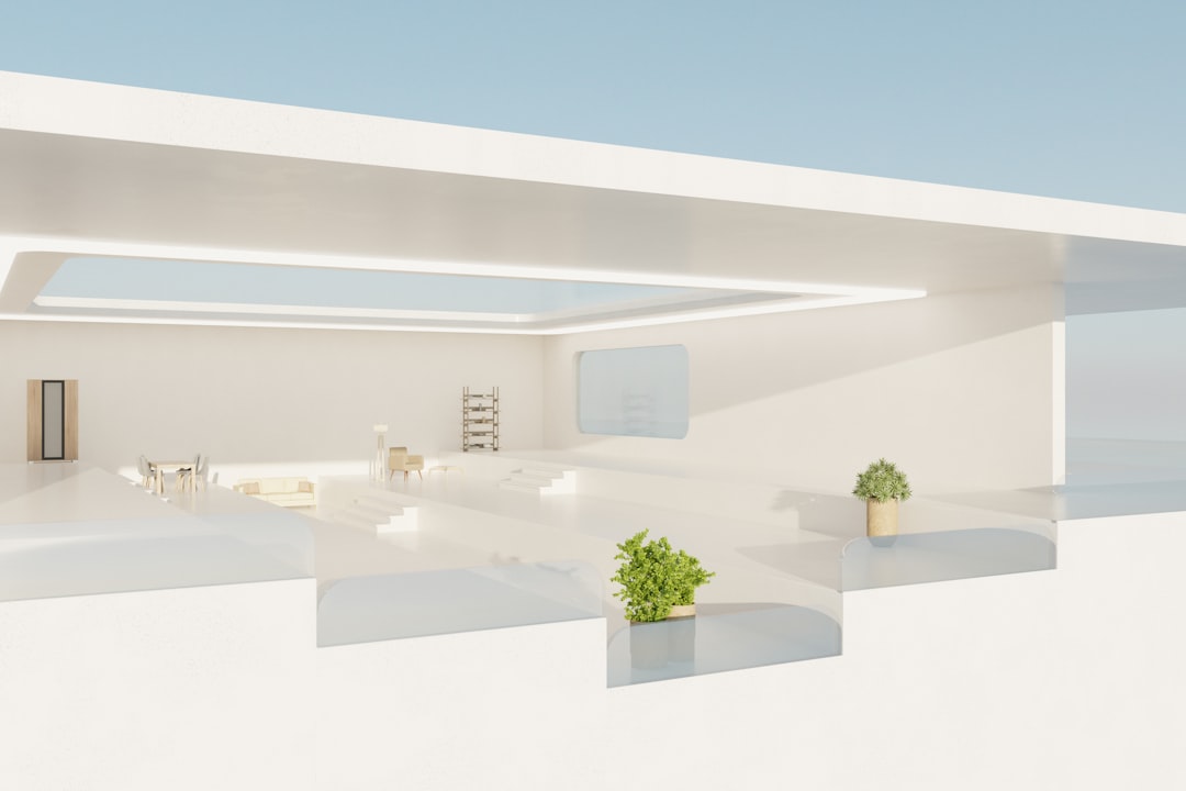 a white room with a potted plant in it architectural rendering, realistic interior visualization, sketchup render example