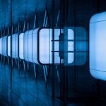 blue and white LED shelves cloud server data center racks glowing lights