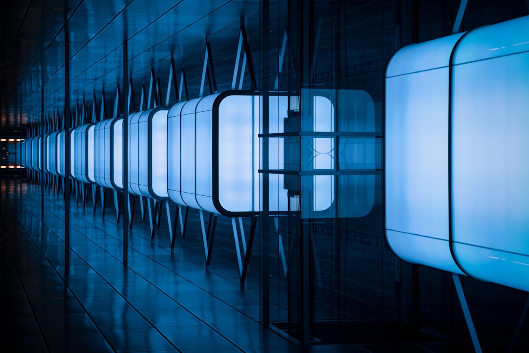 blue and white LED shelves cloud server data center racks glowing lights