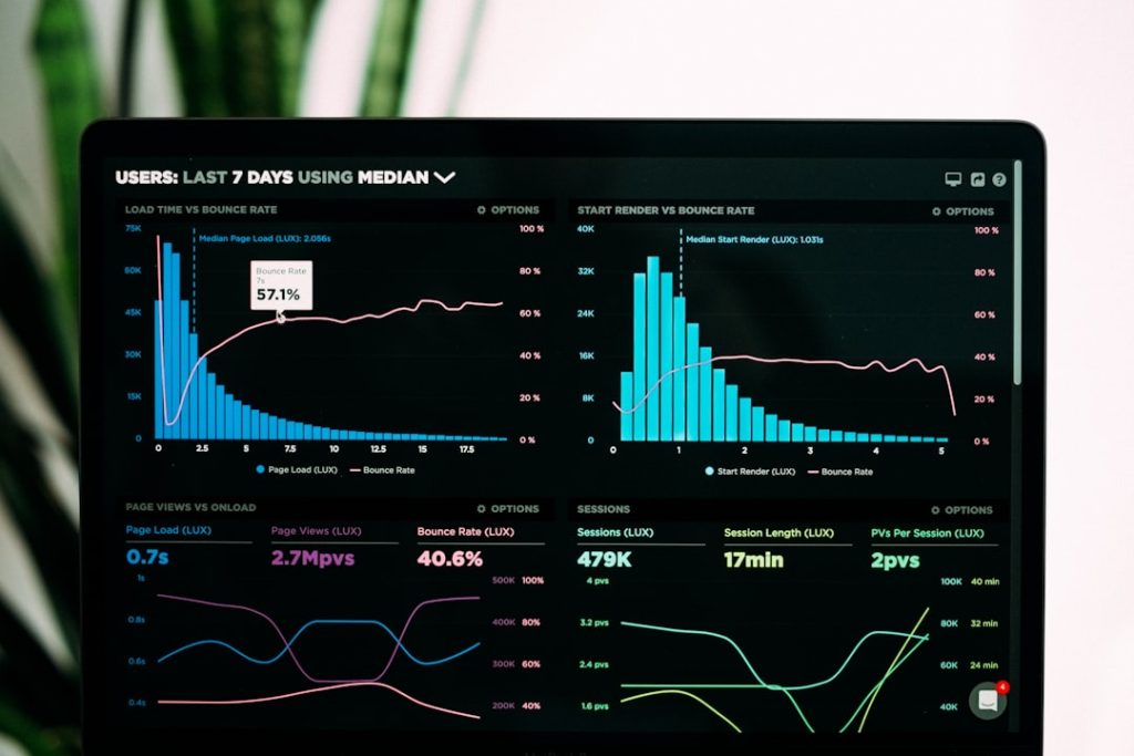 graphs of performance analytics on a laptop screen content research dashboard, keyword analysis screen, seo metrics overview