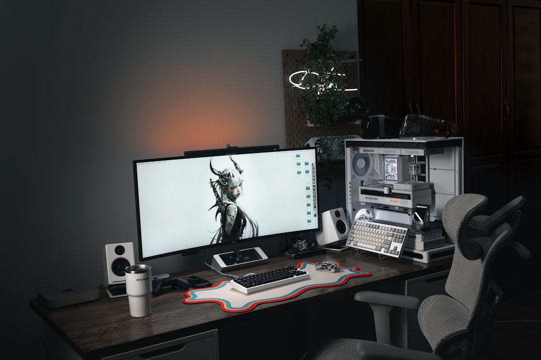 Modern computer setup with large monitor and gaming chair. fallout mod manager interface, load order list, pc desktop modding screen