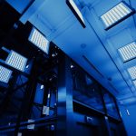 square white board cloud data center servers racks blue lighting