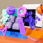 3D render of colorful abstract objects on a desk. 3D modeling software interface, character sculpting, digital art workspace