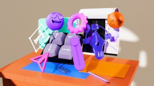 3D render of colorful abstract objects on a desk. 3D modeling software interface, character sculpting, digital art workspace
