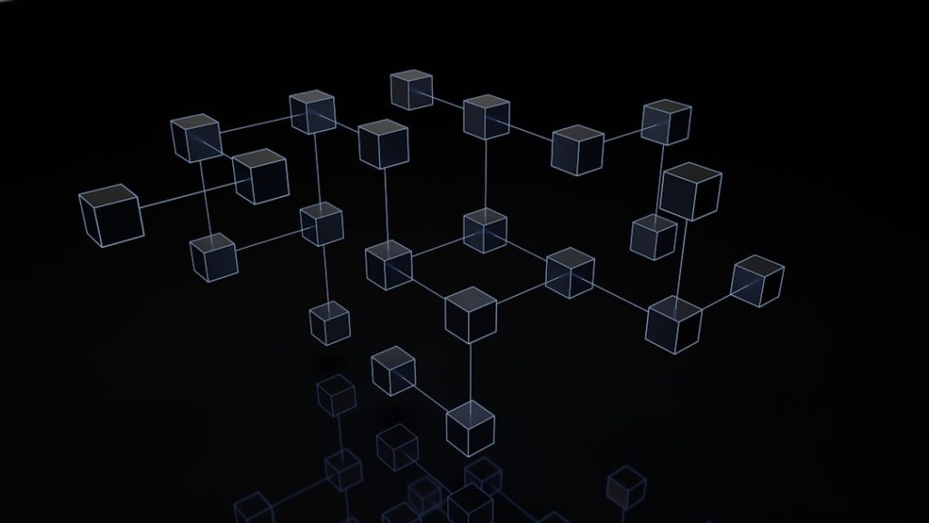 a black and white photo of cubes on a black background blockchain network visualization digital community nodes