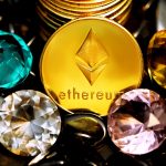 a close up of a gold coin surrounded by other jewels ethereum logo, smart contract code, blockchain network diagram