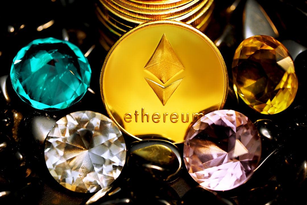 a close up of a gold coin surrounded by other jewels ethereum logo, smart contract code, blockchain network diagram