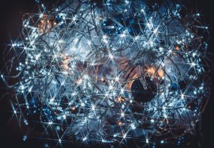 a computer generated image of a ball of lights cybersecurity network map glowing connections world map data encryption