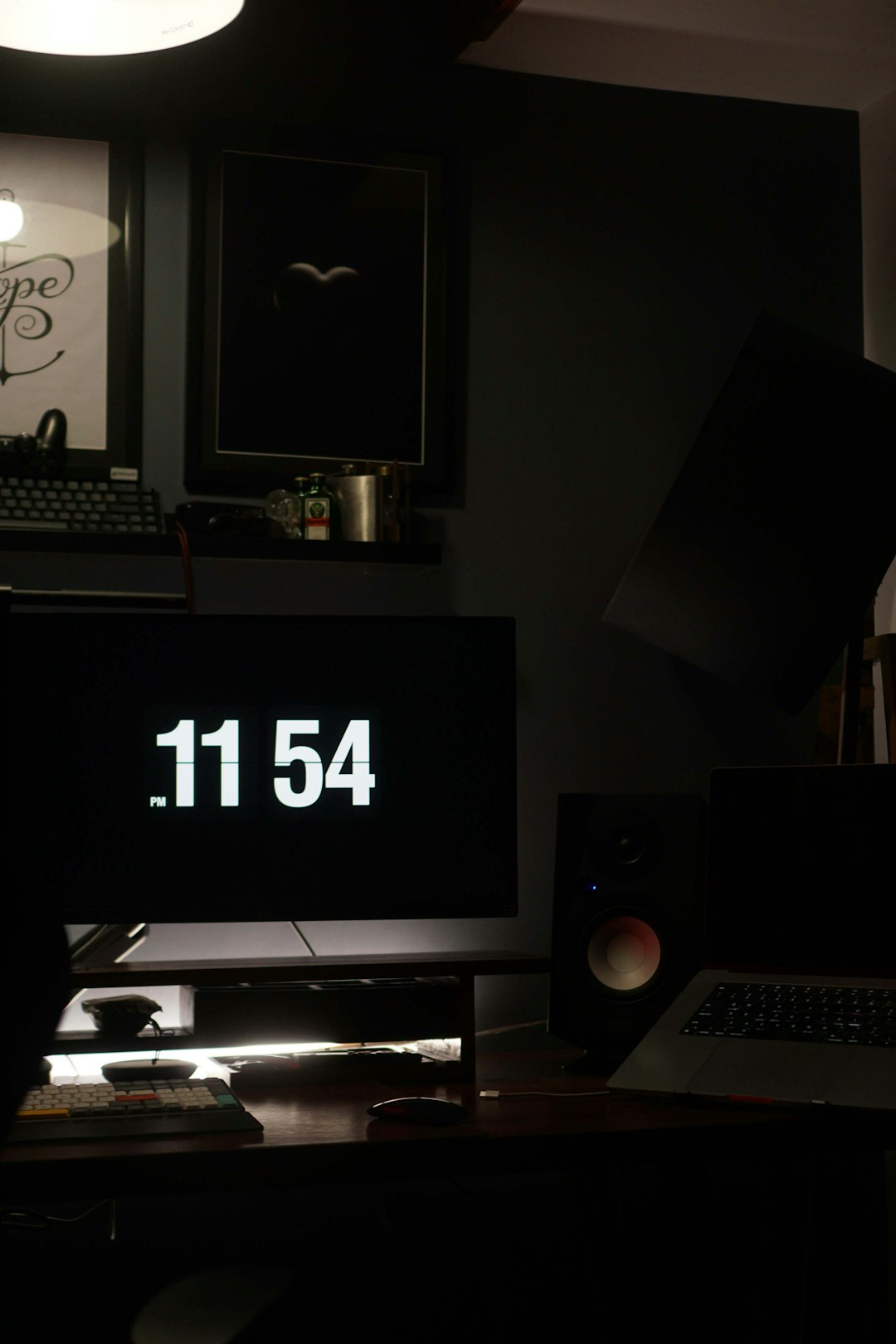 A desk with a computer monitor and keyboard organized digital dashboard, legal case timeline screen, productivity workspace