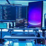 a desk with several computers digital forensics workstation, cybersecurity analyst, multiple monitors, data analysis