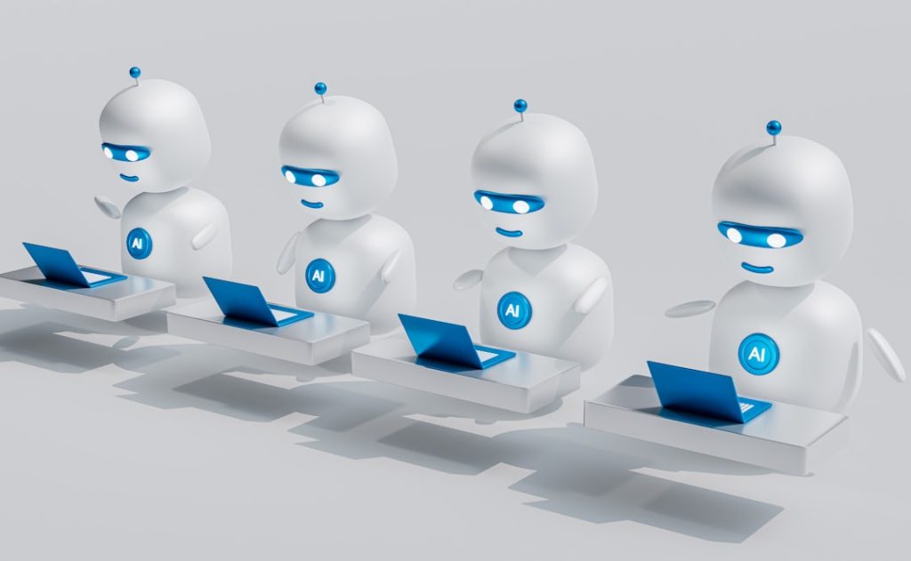 a group of white robots sitting on top of laptops customer support center, ai chatbot interface, digital assistant dashboard