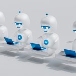 a group of white robots sitting on top of laptops customer support center, ai chatbot interface, digital assistant dashboard