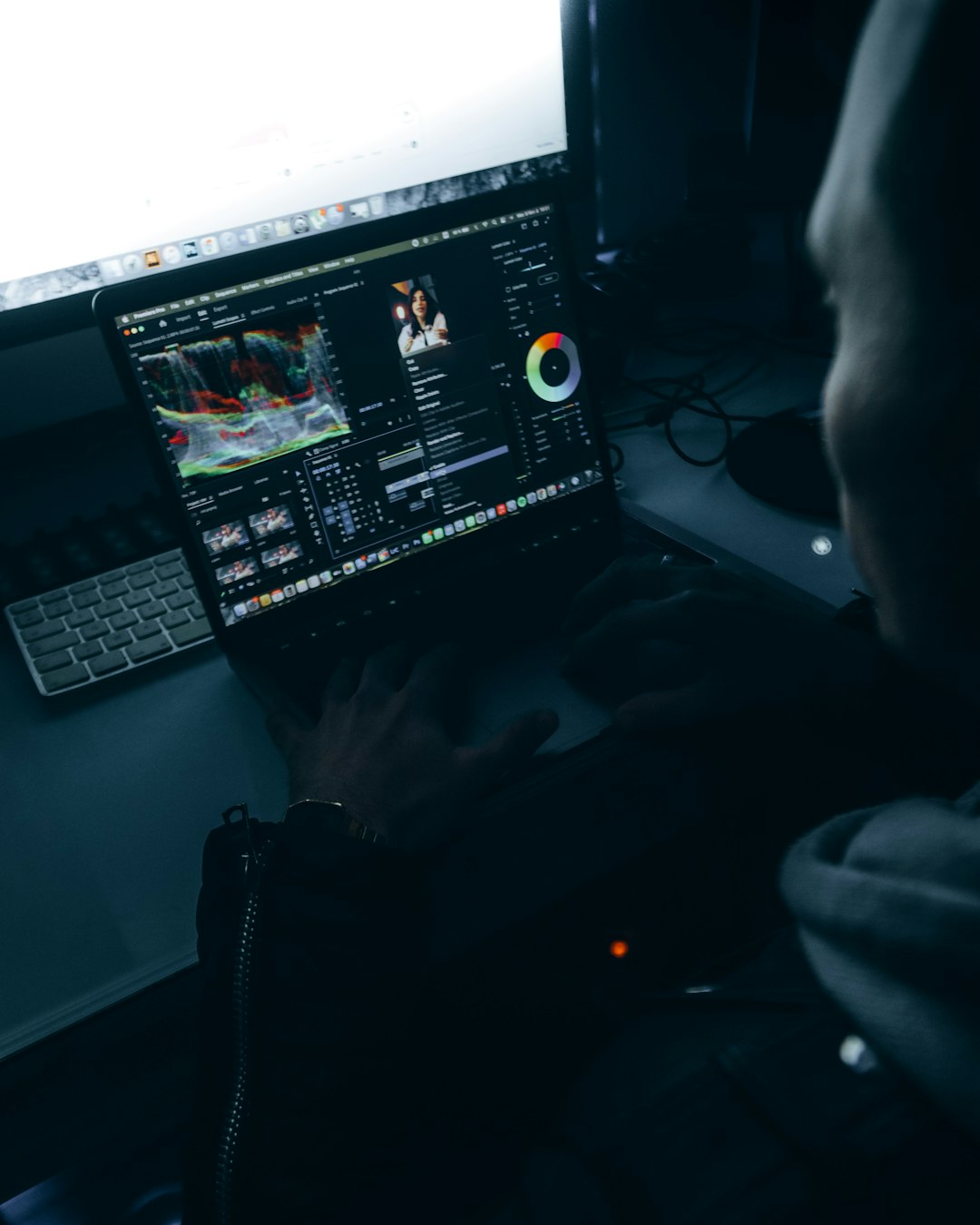 a person sitting in front of a laptop computer digital forensics workstation, cybersecurity analyst, multiple monitors, data analysis