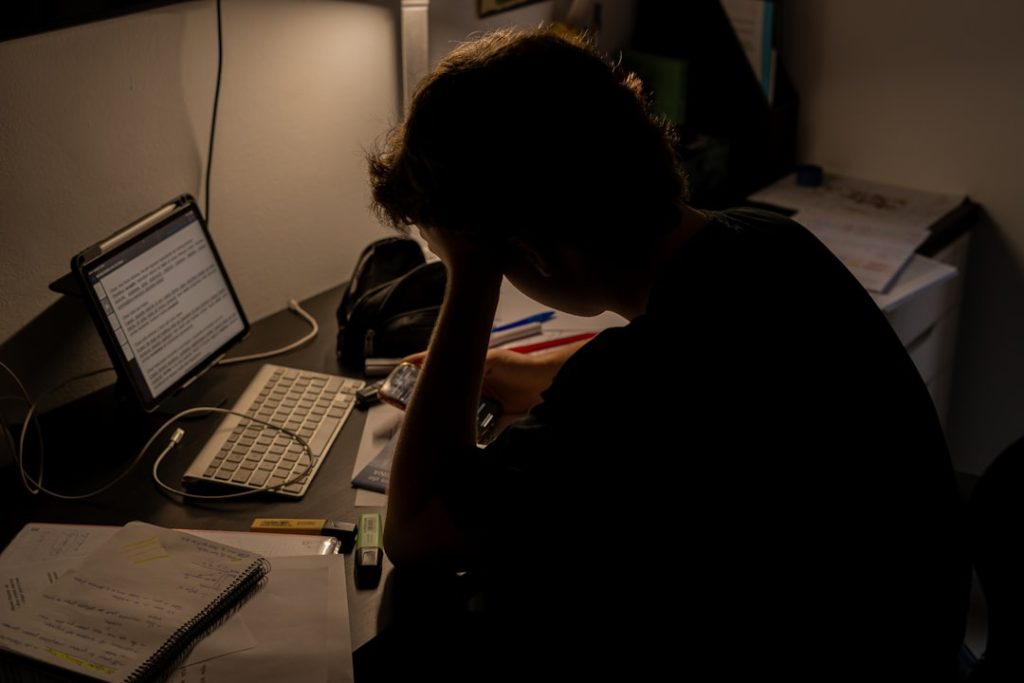 a person sitting in front of a laptop computer stressed student, messy desk, laptop at night