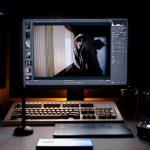 black flat screen computer monitor photo editing workspace, background removal before and after, image editing software interface