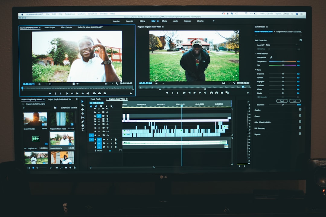 black flat screen tv turned on displaying man in black suit jacket 4k video timeline editing, export settings screen, storage drive space indicator
