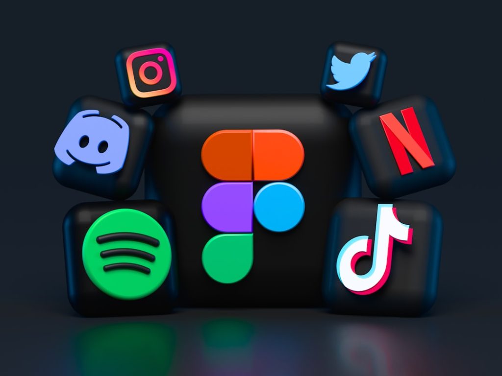 blue red and green letters illustration icon design set, consistent lighting, social media symbols