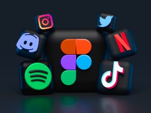 blue red and green letters illustration icon design set, consistent lighting, social media symbols