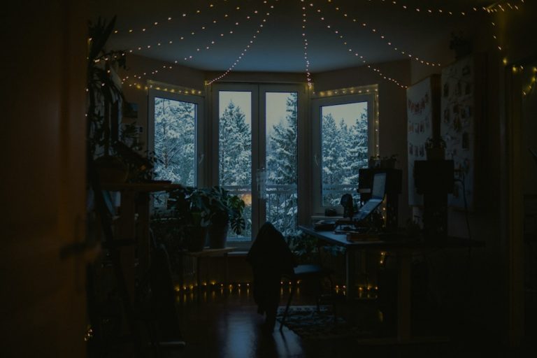 Cozy room with fairy lights and snowy window view. essential oil diffuser, cozy living room, soft lighting, indoor plants