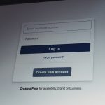 Facebook login screen with email and password fields person shopping for sneakers online, checking website url on laptop, secure payment lock icon