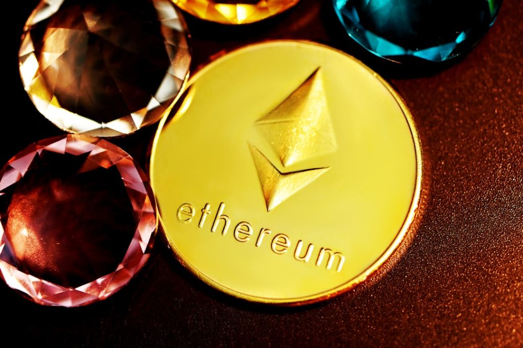 gold star round ornament on black textile ethereum logo, smart contract code, blockchain network diagram